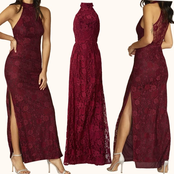 Half Sleeve Lace Top Dress with Slit Red